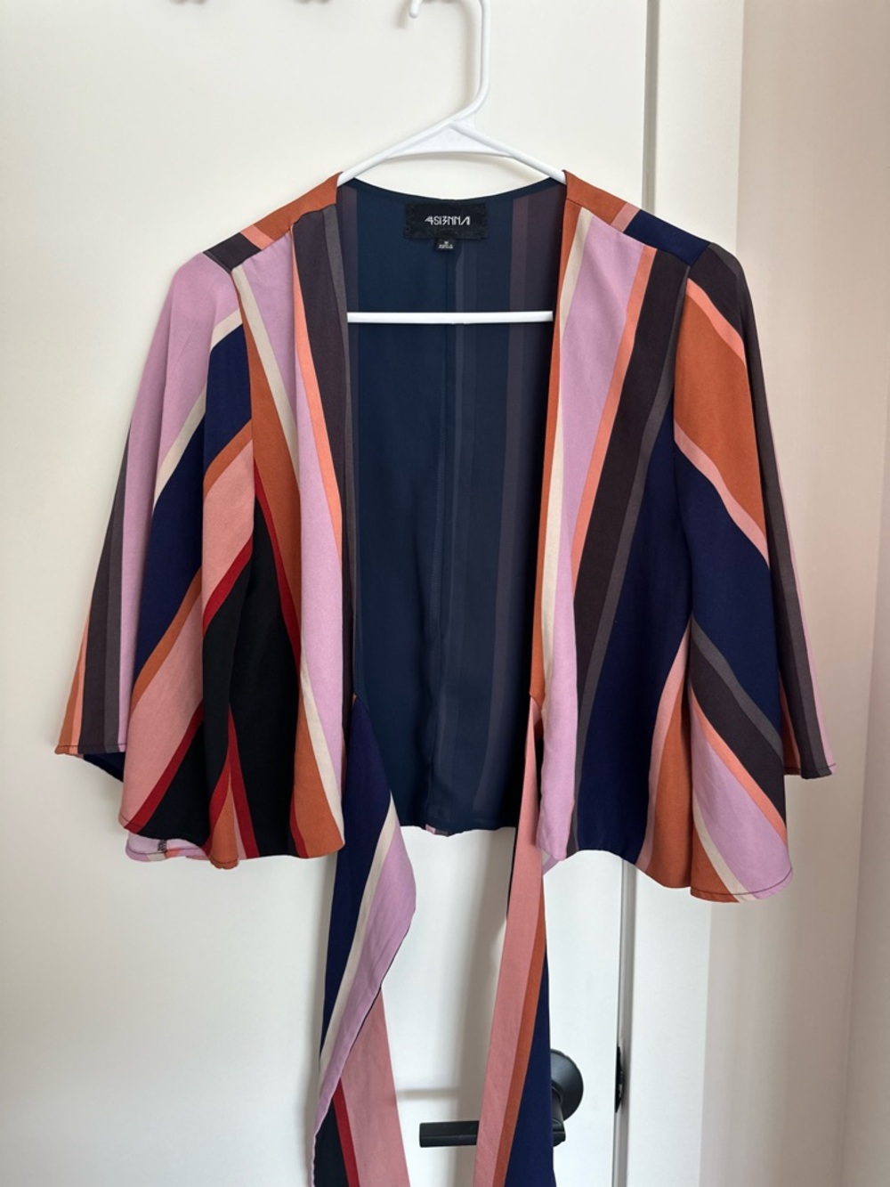 Source Unknown Navy and Mauve Striped Sheer Open Cardigan